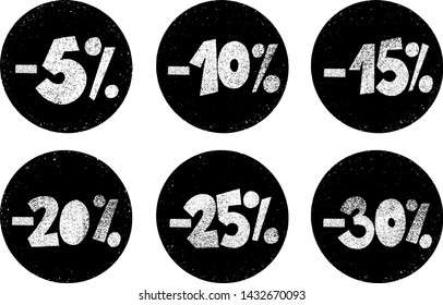 Round labels set with discount, textured hand-printed stamps. Hand-drawn vector illustrations.