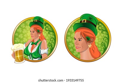 Round labels set with redhead irish girl wearing leprechaun hat. St. Patrick's Day design. Vector illustration