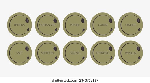 Round labels for spices with dark blue patterns. Vector food labels for spices. Labels for marking. Vector illustration	
