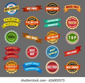 Round labels and stickers, ribbon dockets and tags, rounded badges vector set