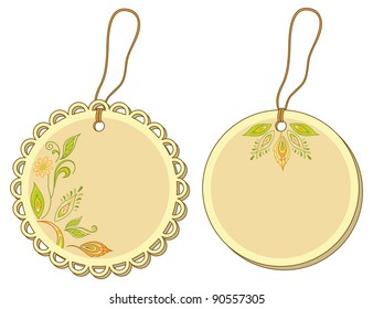 Round labels tags with floral pattern and ropes. Vector