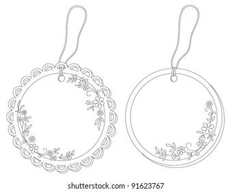 Round labels tags with floral pattern and ropes, contours. Vector
