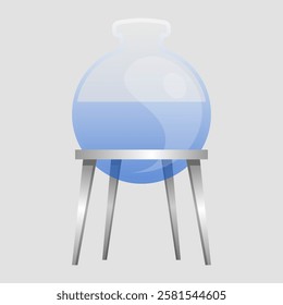 Round Laboratory transparent glass Flask with Blue Liquid on Metal Iron Stand