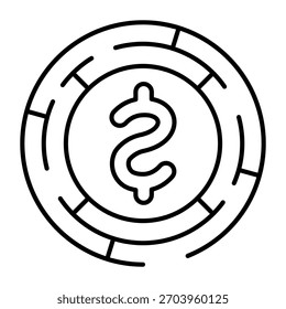 Runde Labyrinth mit Münze dünnen Linie Symbol, Finanz-Tech-Konzept. Vektorgrafiken. Münze im Kreis des Questzeichens auf weißem Hintergrund, Umrissstil-Symbol für Mobil- oder Webdesign