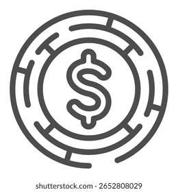 Runde Labyrinth mit Dollar Münze Linie Symbol, Finanz-Tech-Konzept. Vektorgrafiken. Münze im Kreis des Questzeichens auf weißem Hintergrund, Umrissstil-Symbol für Mobil- oder Webdesign