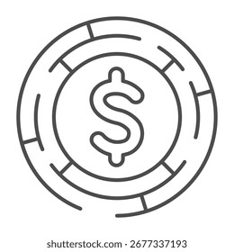 Runde Labyrinth mit Dollar Münze dünne Linie Symbol, finanzielle Tech-Konzept. Vektorgrafiken. Münze im Kreis des Questzeichens auf weißem Hintergrund, Umrissstil-Symbol für Mobil- oder Webdesign