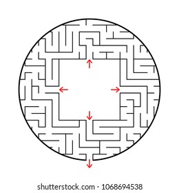 Round labyrinth with four entrances and one exit. Simple flat vector illustration isolated on white background. With a place for your drawings