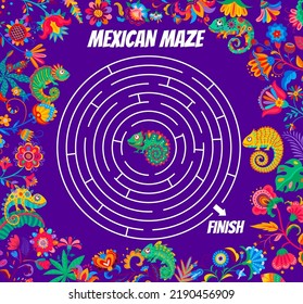 Round labyrinth maze with cartoon Mexican chameleons and flowers. Vector kids game or labyrinth puzzle worksheet with frame border of bright floral ornament. Help chameleone lizard find right way