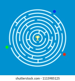 Round labyrinth maze game with 3 players. With Prize in the middle.Vector illustration design.