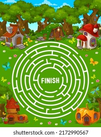 Round labyrinth maze game, cartoon fairy houses and dwellings of elf or gnome, vector kids worksheet. Labyrinth maze puzzle to find way to elf house of pumpkin, mushroom, boot and tree stump