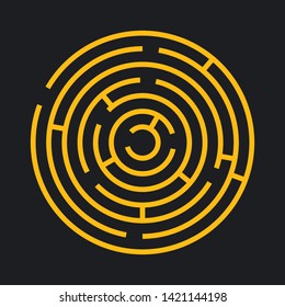 Round labyrinth maze game. Maze circle fun puzzle isolated on black background. Puzzle riddle logic game concept. Vector illustration
