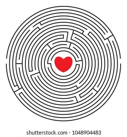 Round labyrinth (maze) with red heart and two enters. Find your love. Find the way. Relationship. Happy Valentine's day card. Vector illustration.