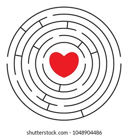 Round labyrinth (maze) with red heart and two enters. Find your love. Find the way. Relationship. Happy Valentine's day card. Vector illustration.