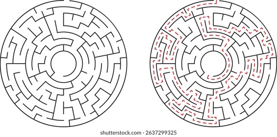 Round labyrinth maze showing solution path for problem solving and complex challenges