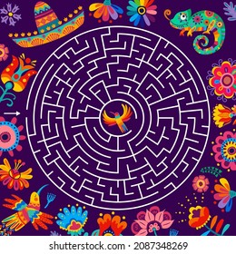 Round labyrinth maze worksheet. Vector mexican sombrero, flowers, birds and chameleon. Kids education pathfinding game, puzzle or quiz, bright Mexico ornament riddle with find way task