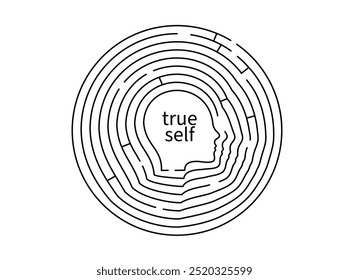 Round labyrinth with a silhouette of a face in the center. Conceptual minimalistic vector illustration about the path to the true self.	