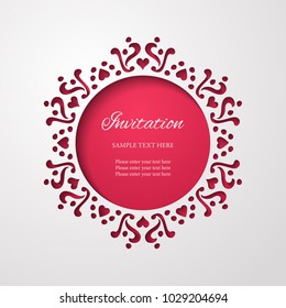 Round lace cutout frame with shadow. Cherry red background. Laser cutting mandala element. Vintage paper cut 3d ornamental border. Invitation or greeting card design template. Vector illustration