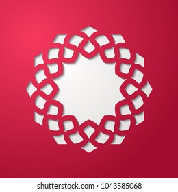 Round lace cutout frame with shadow. Cherry red background. Laser cutting mandala element. Vintage paper cut 3d ornamental border. Invitation or greeting card design template. Vector illustration