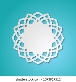 Round lace cutout frame with shadow. Laser cutting mandala element. Turquoise blue background. Vintage paper cut 3d ornamental border. Invitation or greeting card design template. Vector illustration