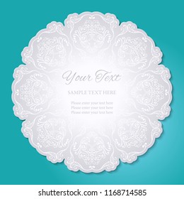 Round lace cutout frame with shadow on turquoise blue background. Paper cut 3d ornamental border. Invitation or greeting card design template. Laser cutting mandala element. Vector illustration
