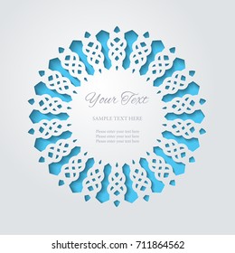 Round lace cutout frame with shadow on turquoise blue background. Paper cut 3d ornamental border. Invitation or greeting card design template. Laser cutting mandala element. Vector illustration