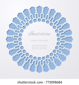 Round lace cutout frame with shadow on blue background. Paper cut 3d ornamental border. Invitation or greeting card design template. Laser cutting mandala element. Vector illustration