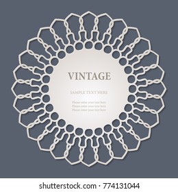 Round lace cutout frame with shadow on blue background. Paper cut 3d ornamental border. Invitation or greeting card design template. Laser cutting mandala element. Vector illustration