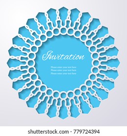 Round lace cutout frame with shadow on blue background. Paper cut 3d ornamental border. Invitation or greeting card design template. Laser cutting mandala element. Vector illustration