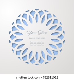 Round lace cutout frame with shadow on blue background. Paper cut 3d ornamental border. Invitation or greeting card design template. Laser cutting mandala element. Vector illustration