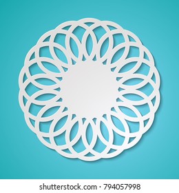 Round lace cutout frame with shadow on turquoise blue background. Paper cut 3d ornamental border. Invitation or greeting card design template. Laser cutting mandala element. Vector illustration