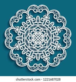 Round lace doily, crochet ornament, decorative snowflake, mandala circle pattern, vector template for laser cutting