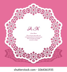 Round lace doily, cutout paper frame with ornamental border, vector template for laser cutting, circle decoration for wedding invitation card