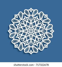Round lace doily, decorative vector snowflake, cutout paper pattern, mandala circle ornament, suitable for laser cutting or wood carving, eps10