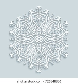 Round lace doily, decorative vector snowflake, cutout paper pattern, mandala circle ornament, suitable for laser cutting or wood carving, eps10