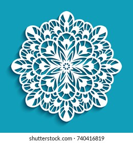 Round lace doily, decorative vector snowflake, cutout paper pattern, mandala, openwork circle ornament for laser cutting or wood carving, eps10
