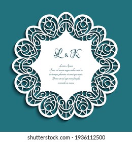 Round lace doily with ornate border pattern. Paper cut decoration. Vector template for laser cutting. Ornamental circle decor for wedding invitation card design. 