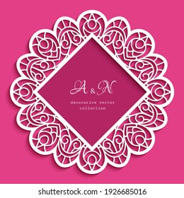 Cara redonda doily. Marco de Rhombus con ornamento de borde de papel cortado. Decoración de círculo para el diseño de la tarjeta de invitación a la boda. Plantilla de vector para corte por láser