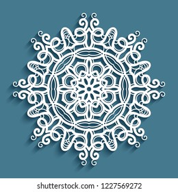 Round lace doily under cake, vintage crochet ornament, cutout paper decorative snowflake, mandala circle pattern, vector template for laser cutting
