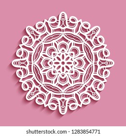 Round lace doily under cake, vintage crochet ornament, cutout paper decorative snowflake, mandala circle pattern, vector template for laser cutting