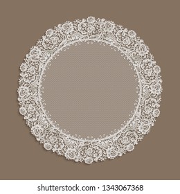 Round lace doily under cake with floral border pattern, circle lacy napkin, ornate vector wedding table decoration with vintage lace ornament