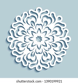 Round lace doily under cake, cutout paper snowflake ornament, mandala circle pattern, vector template for laser cutting