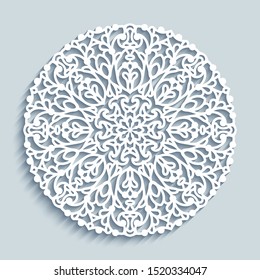 Round lace doily under cake, circle crochet pattern, cutout paper decorative snowflake, mandala stencil ornament, vector template for laser cutting