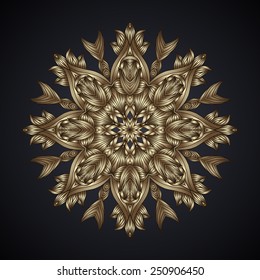 Round lace element in gold on a dark background.