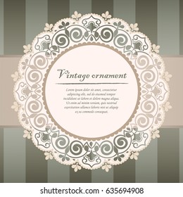 Round lace frame for greeting design on the grey background.Romantic wedding invitation cards baroque style. Vintage Pattern. Retro Victorian ornament.Frame with flowers elements. Vector illustration.
