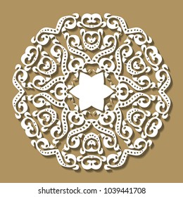 Round lace frame on beige background. Template for wedding or greeting card. Decorative element, EPS 8.