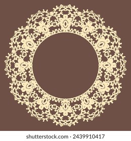 Round lace frame with openwork ornament. Beige on a brown background. Vector illustration