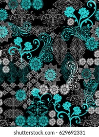 round lace and geometric ethnic motifs abstractly placed on black background