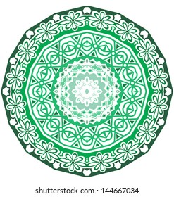 Round lace ornament isolated on white. Round ornament with many details, looks like crocheting handmade lace, lacy arabesque designs.