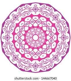 Round lace ornament isolated on white. Round ornament with many details, looks like crocheting handmade lace, lacy arabesque designs.