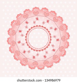 Round lace pattern with butterflies and hearts on spotted background